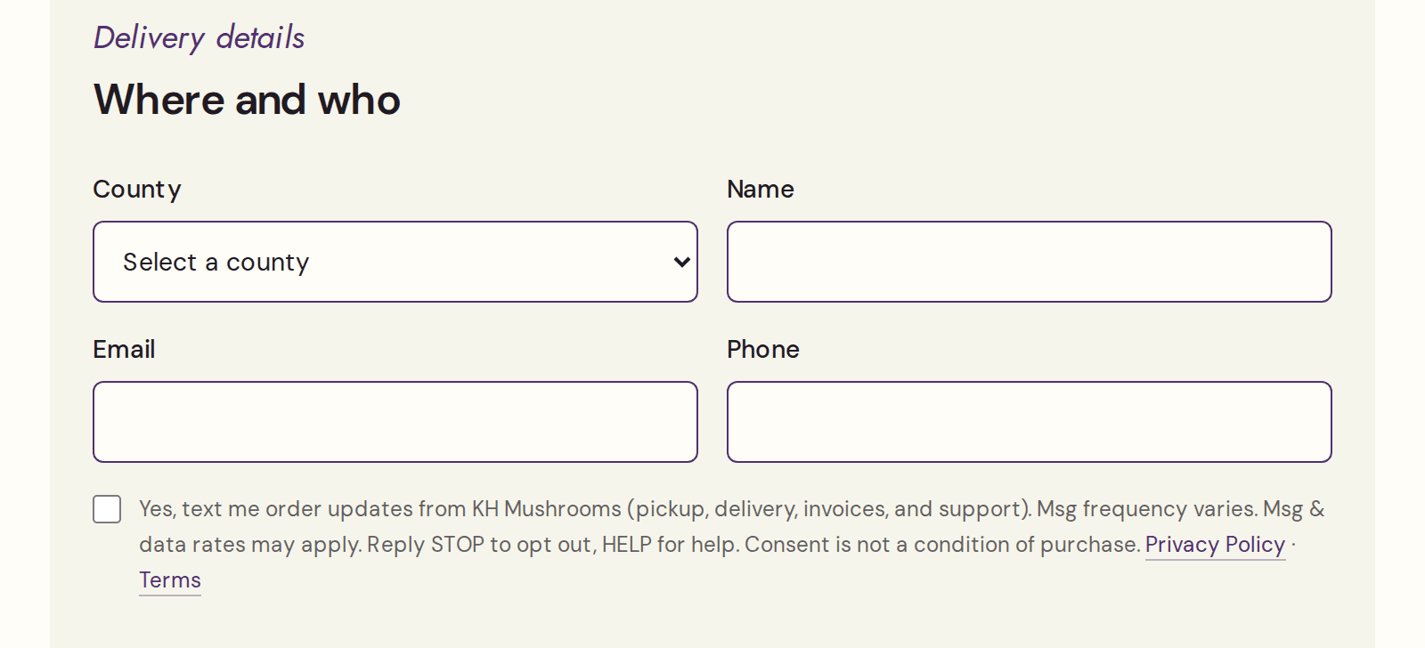 SMS consent checkbox on the delivery checkout (after adding items to the cart)