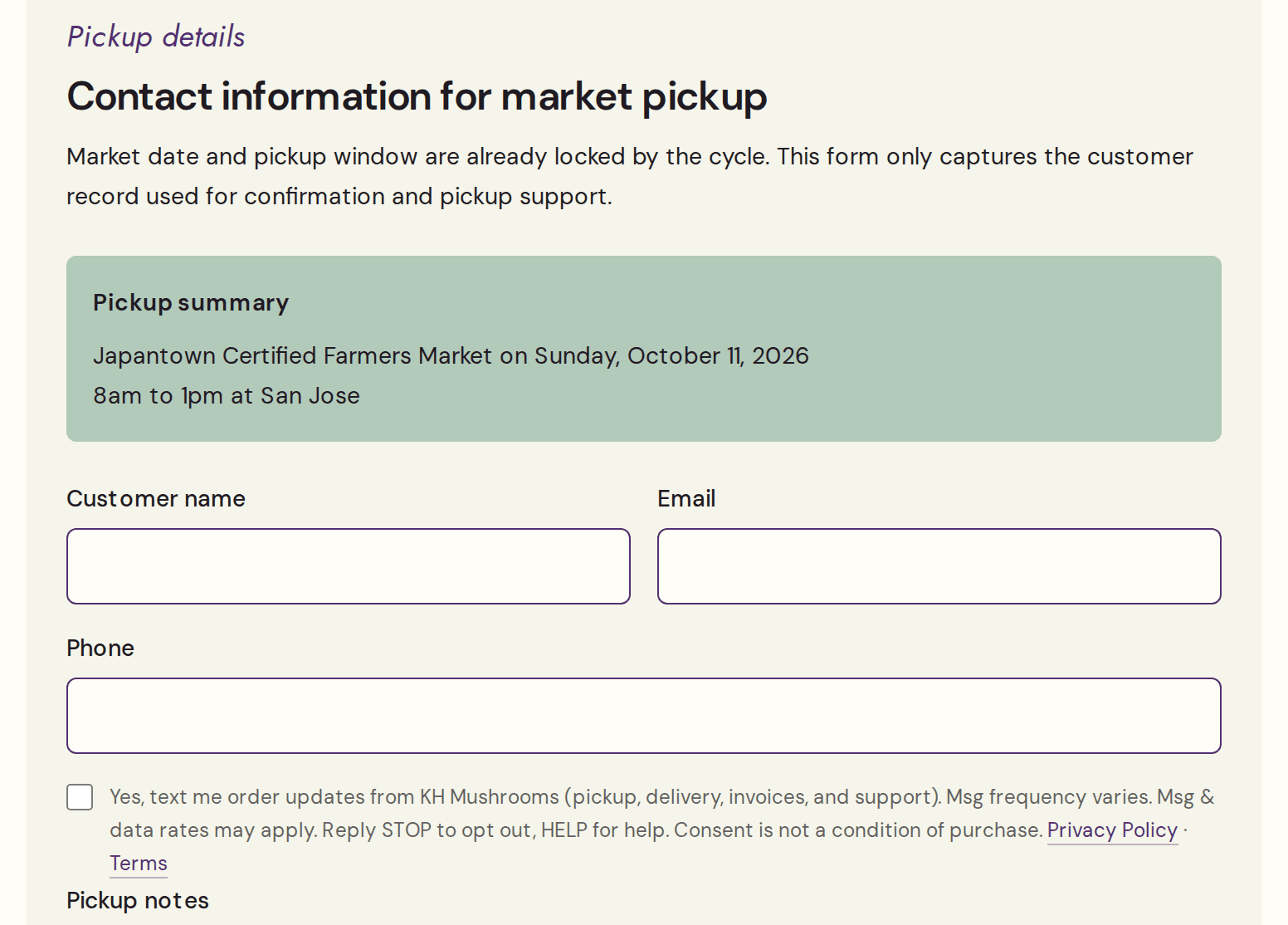 SMS consent checkbox on the pickup preorder checkout (after adding items to the cart)