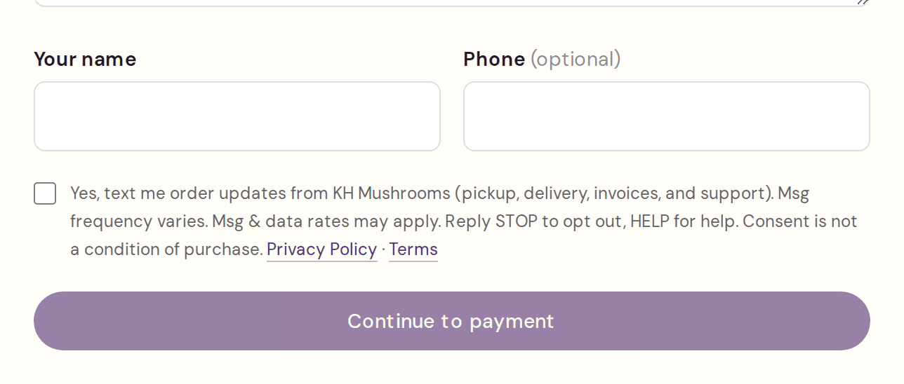 SMS consent checkbox on the harvest share subscription signup (after sign-in)